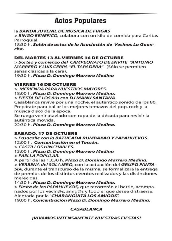 Program of the Casablanca and Firgas festivities for October 16 and 17, 2026
