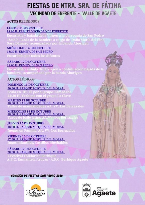 Program of the Fatima festivities in Vecindad de Enfrente, AgaeteOctober 2026
