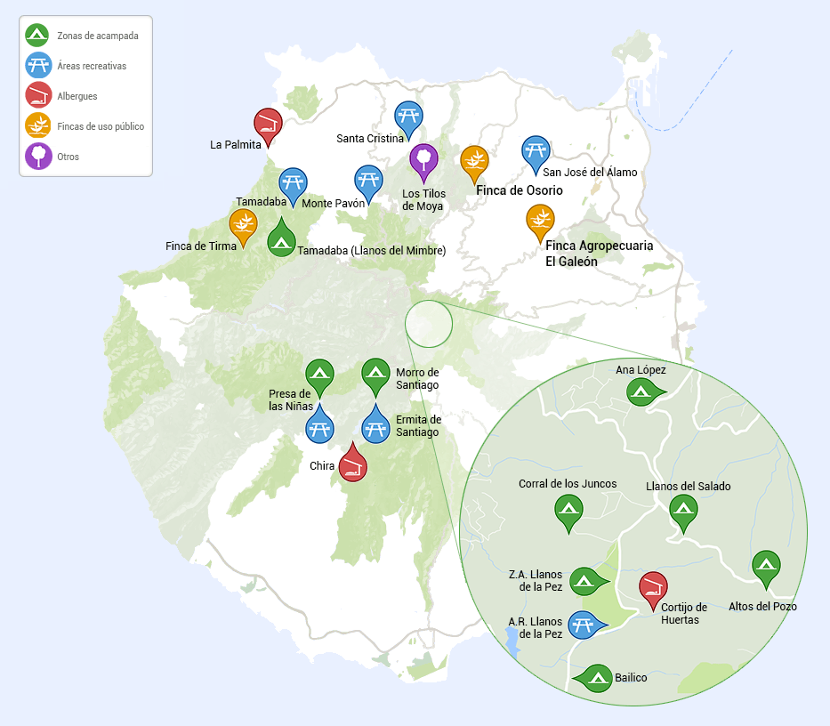 Mapa de zonas de acampada en Gran Canaria