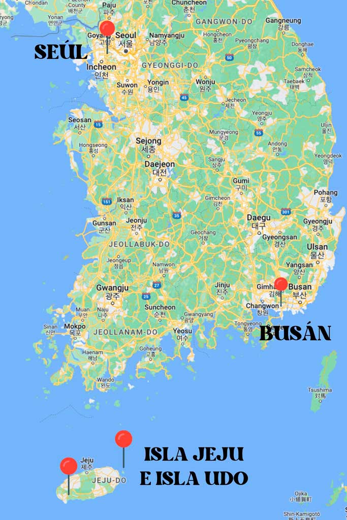 Mapa de Corea del Sur con lugares que ver