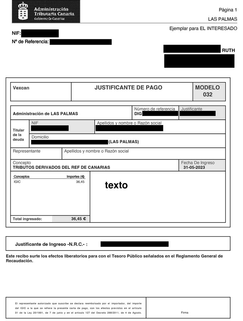 Form 032 IGIC payment Canary Islands Tax Agency