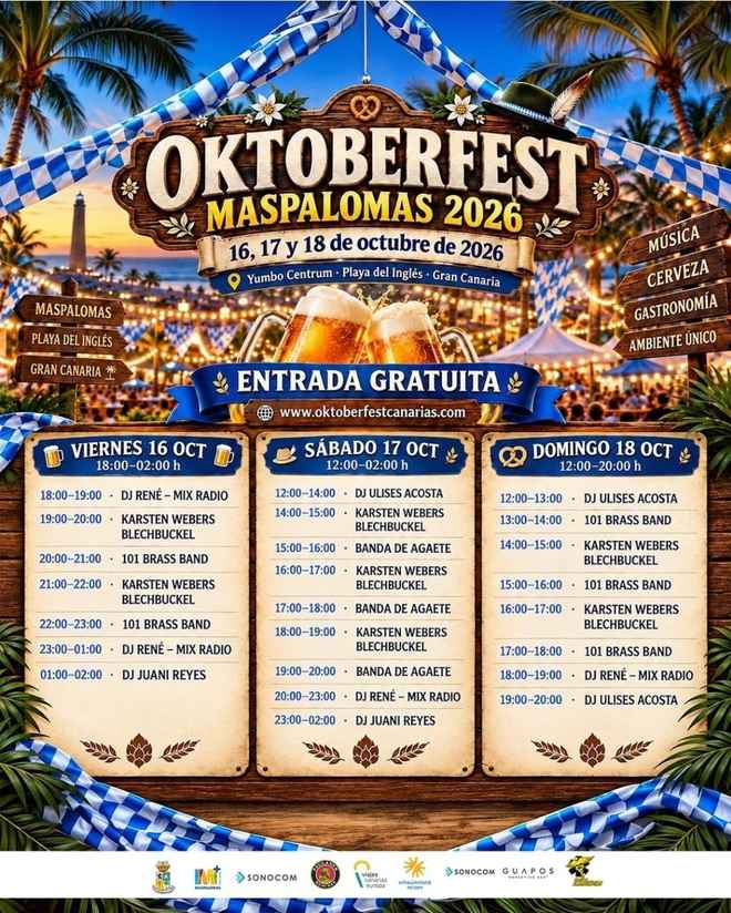 Full program of Oktoberfest Maspalomas 2026 at the Yumbo Centre, from October 16th to 18th, with concert and DJ schedules