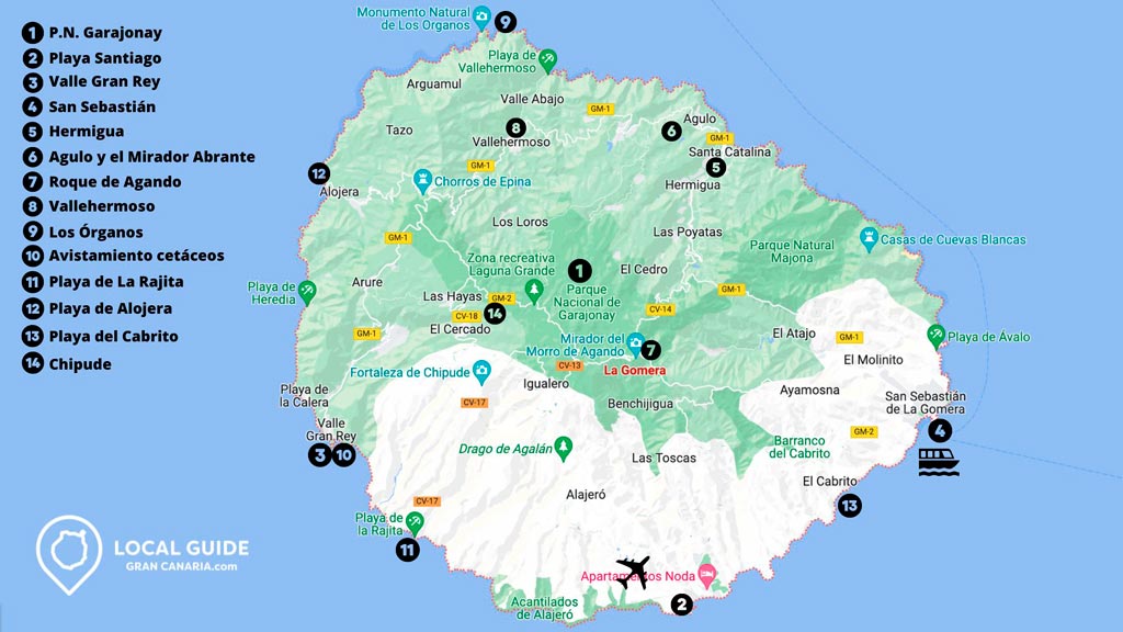Mapa de los lugares que ver en La Gomera