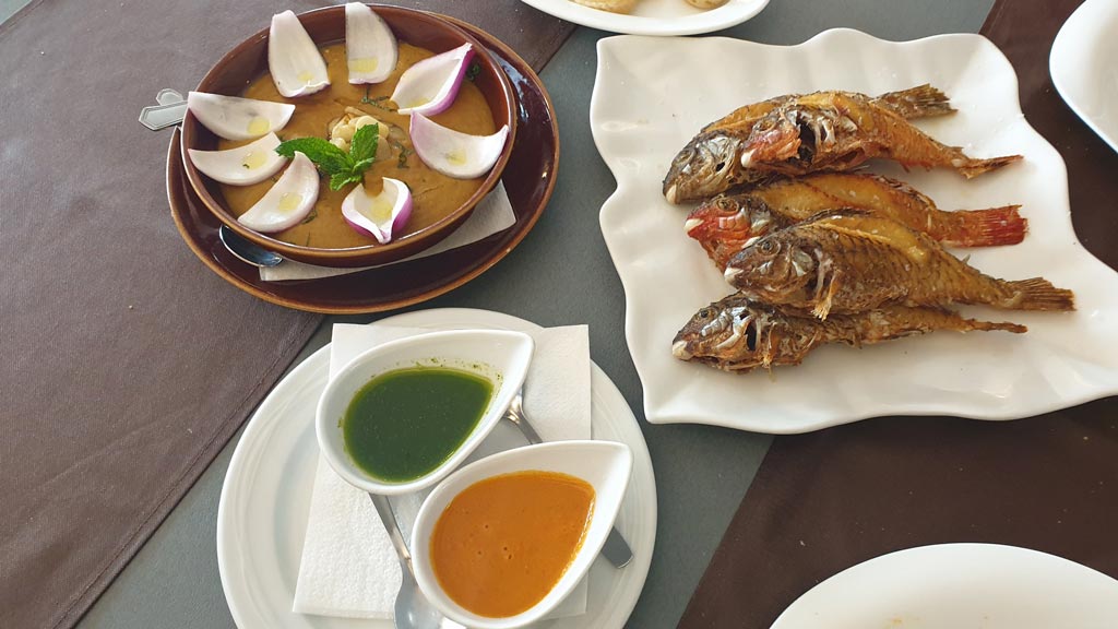 Fried fish, mojo sauce and gofio, Canarian food